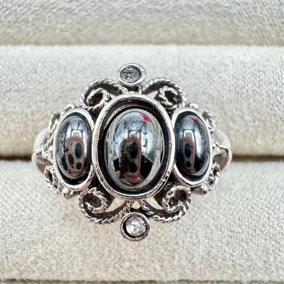 Vintage Avon Midnight Splendor Faux? Hematite Ring Crystals Opulent Ornate 1972 - Picture 2 of 15